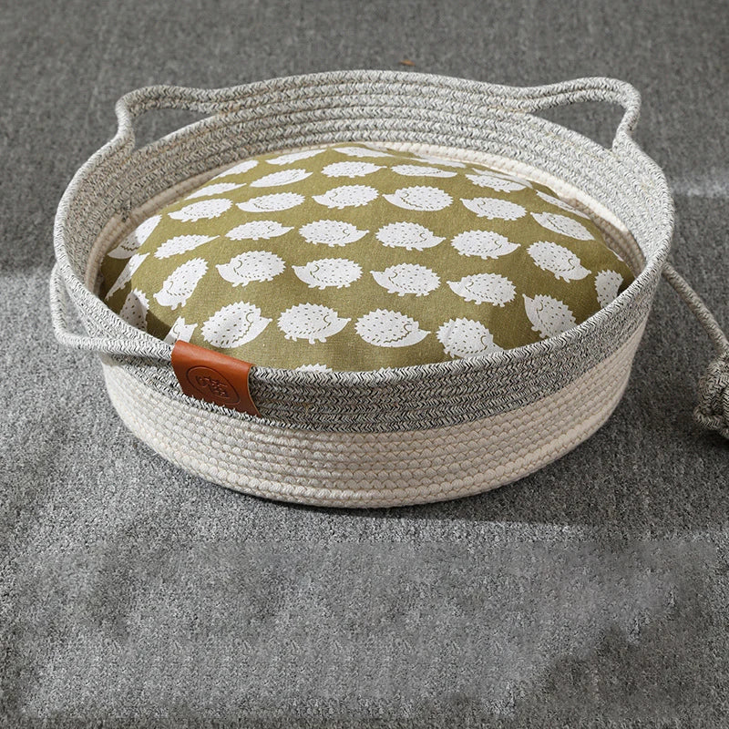 Handmade Rattan Cat Bed with Washable Cushion
