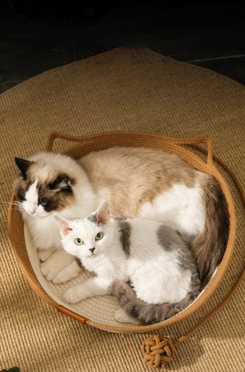 Handmade Rattan Cat Bed with Washable Cushion