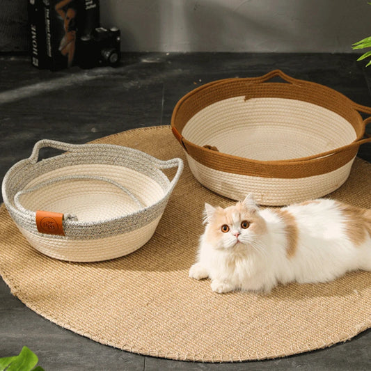 Handmade Rattan Cat Bed with Washable Cushion