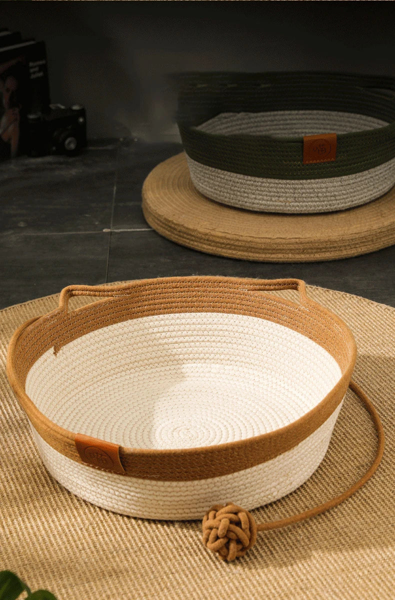 Handmade Rattan Cat Bed with Washable Cushion