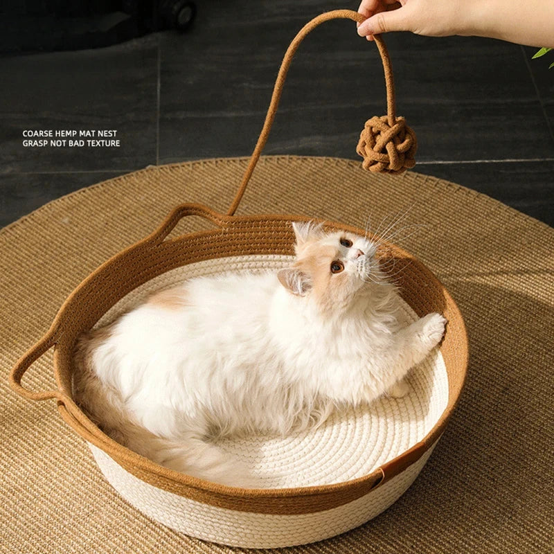 Handmade Rattan Cat Bed with Washable Cushion