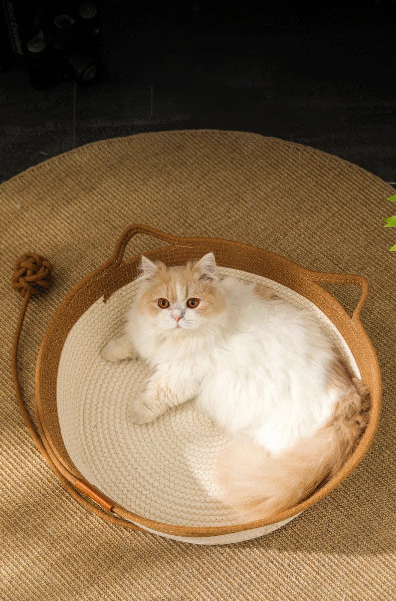 Handmade Rattan Cat Bed with Washable Cushion