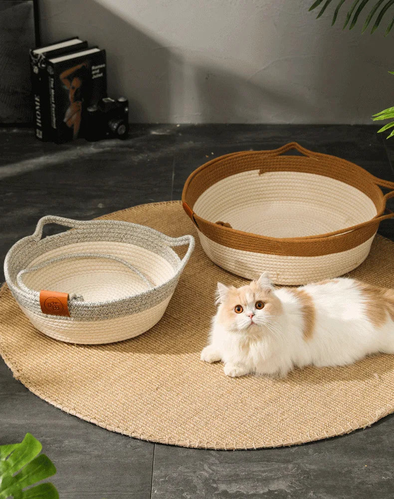 Handmade Rattan Cat Bed with Washable Cushion