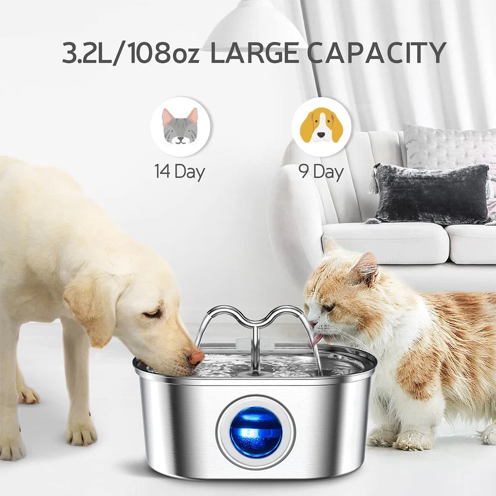 Stainless Steel Cat Water Fountain 3.2L – Quiet LED Automatic Pet Water Dispenser for Cats & Dogs