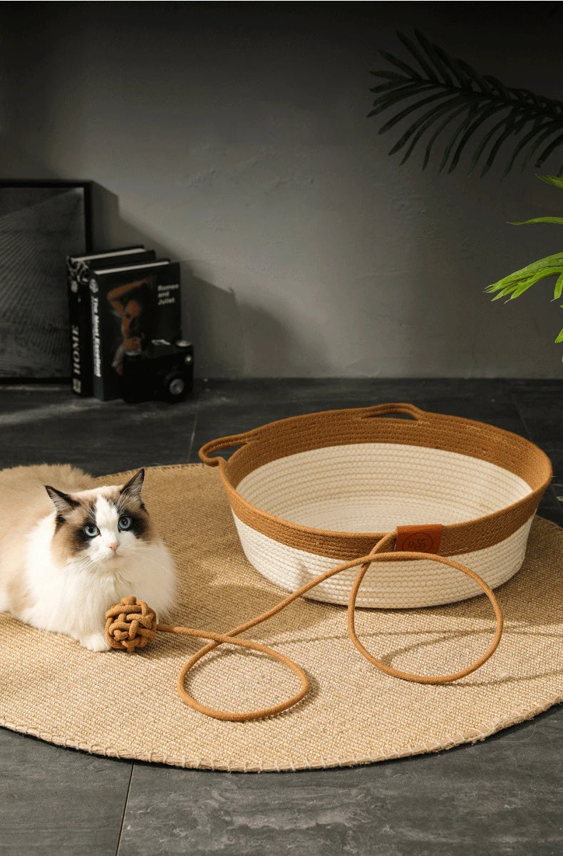Handmade Rattan Cat Bed with Washable Cushion