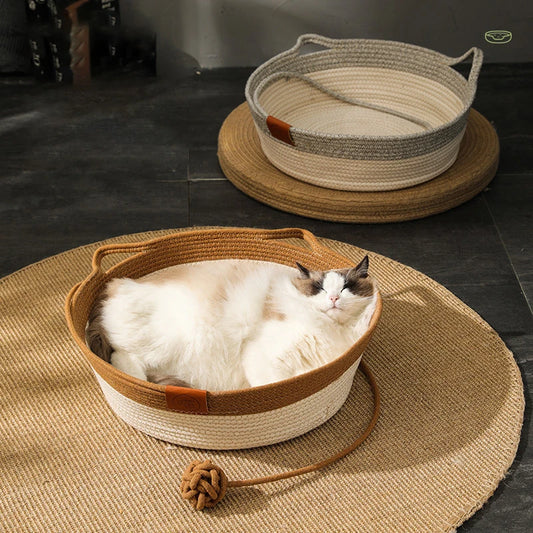 Handmade Rattan Cat Bed with Washable Cushion