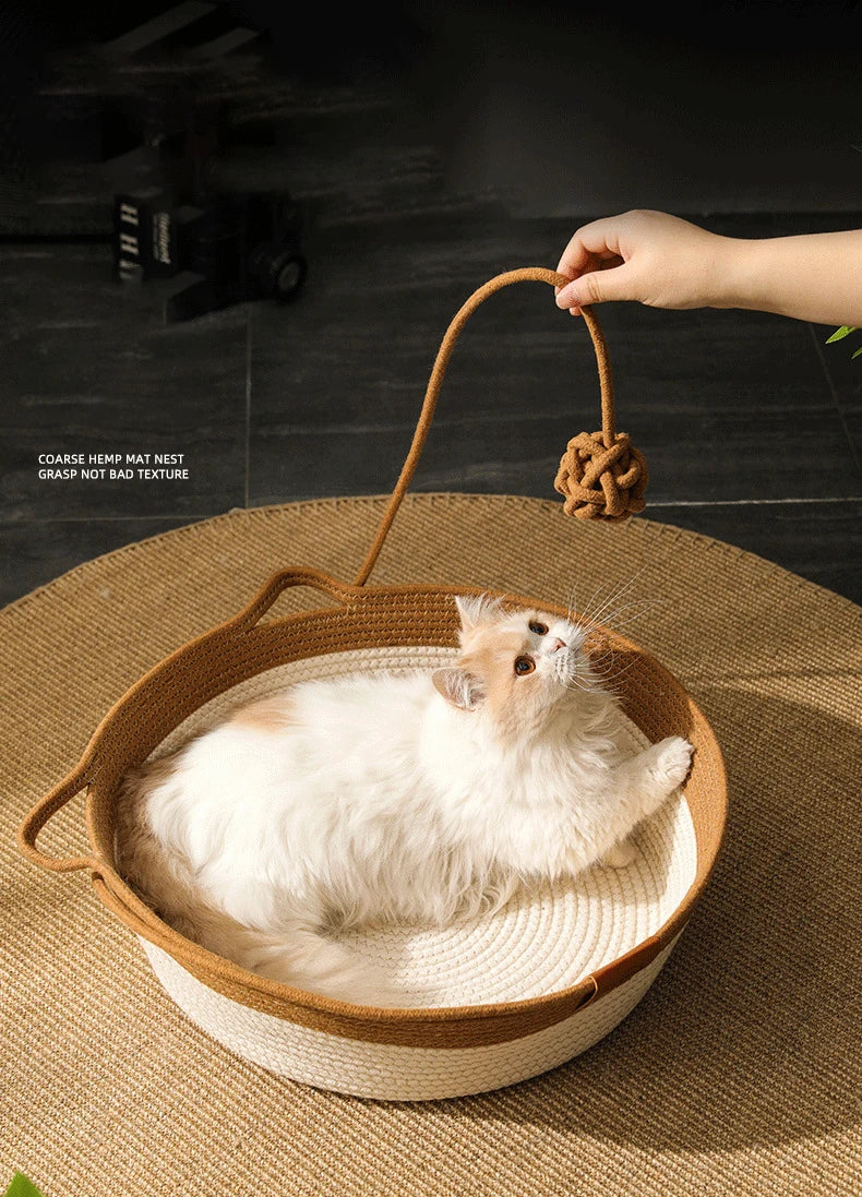 Handmade Rattan Cat Bed with Washable Cushion